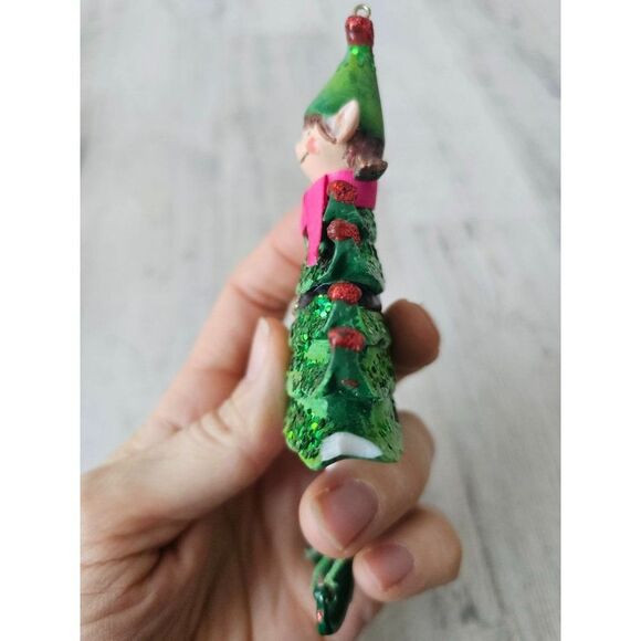 Elf tree girl ornament unique AS IS Xmas green glitter striped - Picture 3 of 8